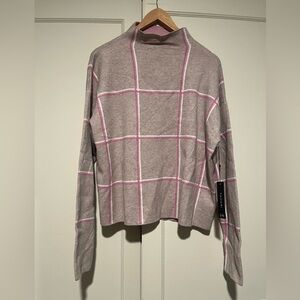 Tahari Beige and Pink Plaid Mock Neck Sweater